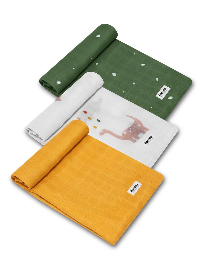 3 x Fraldas de bebé de algodão e bambu natural LIONELO – 70 x 70 cm – Antibacterianas Branco/Amarelo/Verde - Kiabi