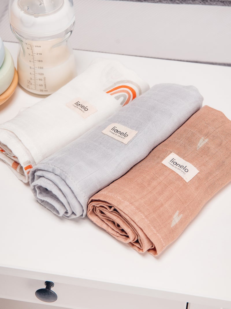 3 x Fraldas de bebé de algodão e bambu natural LIONELO – 70 x 70 cm – Antibacterianas Cinza-rosa branco - Kiabi