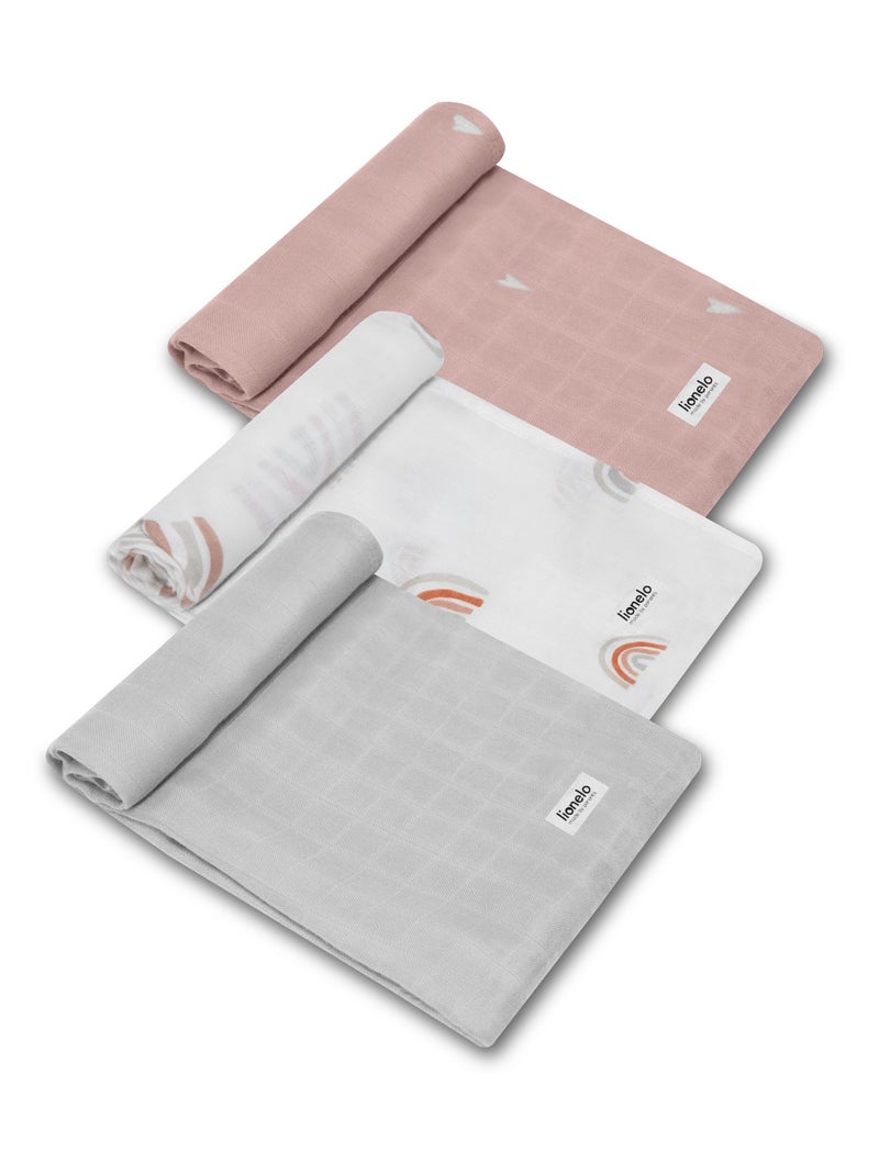 3 x Fraldas de bebé de algodão e bambu natural LIONELO – 70 x 70 cm – Antibacterianas Cinza-rosa branco - Kiabi