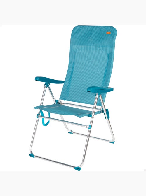 Aktive cadeira de praia dobrável alta com múltiplas posições, 47x67x110 cm, azul, com alça - Kiabi