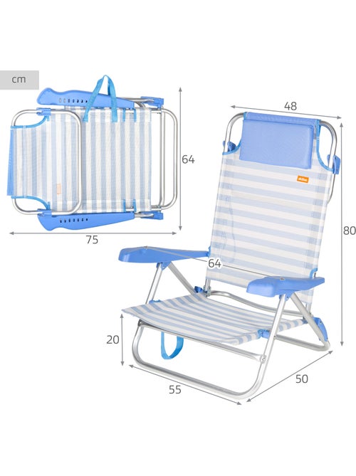 Aktive cadeira de praia dobrável multiposições 48x50x80 cm com listras e alça - Kiabi