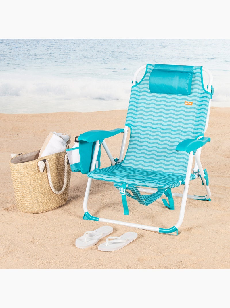 Aktive cadeira de praia multiposições 48x58x76 cm ondas azuis com bolsos Turquesa - Kiabi