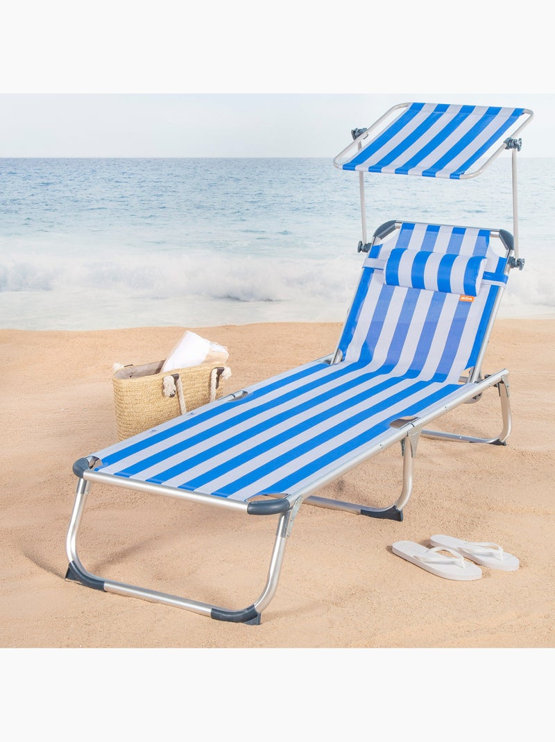 Aktive espreguiçadeira de praia multiposições 186x49x30 cm estilo náutico com guarda-sol e almofada Azul Branco - Kiabi
