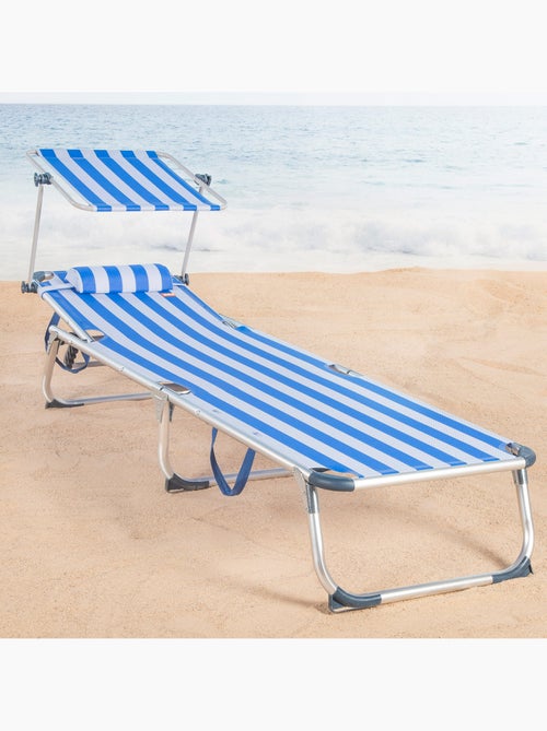 Aktive espreguiçadeira de praia multiposições 186x49x30 cm estilo náutico com guarda-sol e almofada - Kiabi