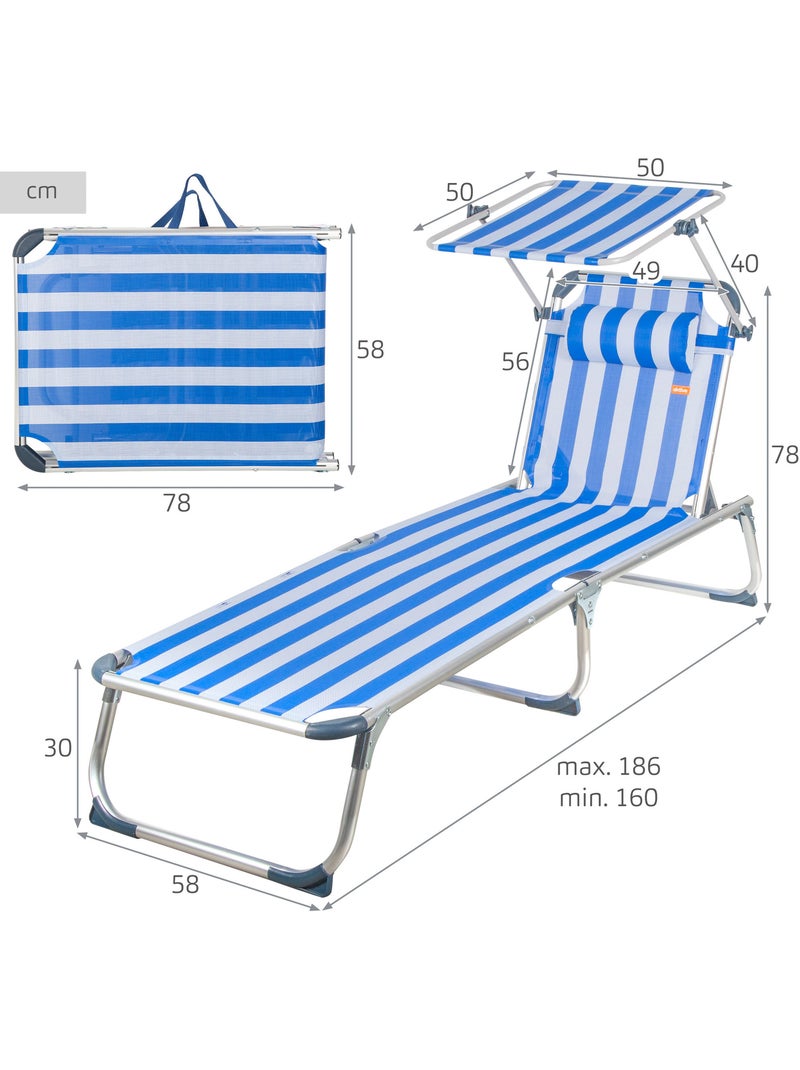 Aktive espreguiçadeira de praia multiposições 186x49x30 cm estilo náutico com guarda-sol e almofada Azul Branco - Kiabi