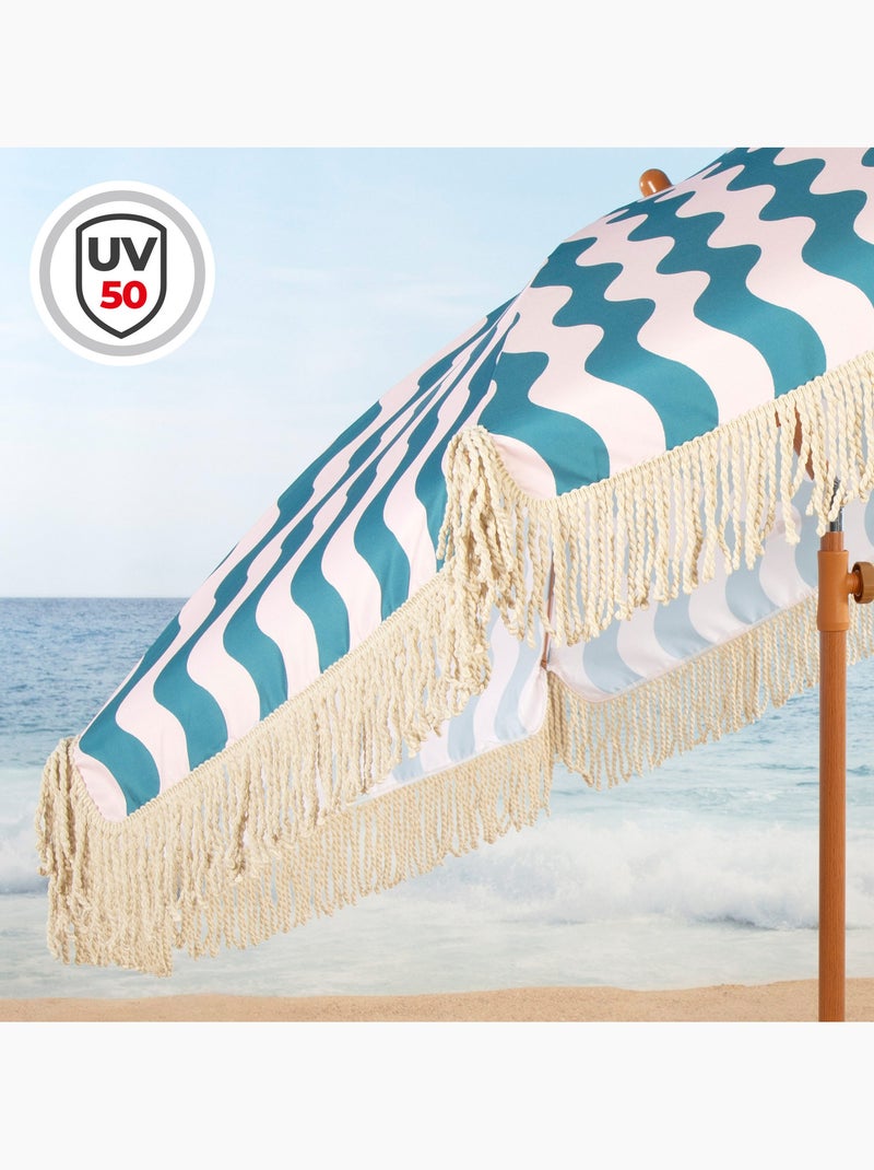 Aktive guarda-sol de praia, 8 varetas, 200 cm, de ondas do mar com franjas Azul - Kiabi
