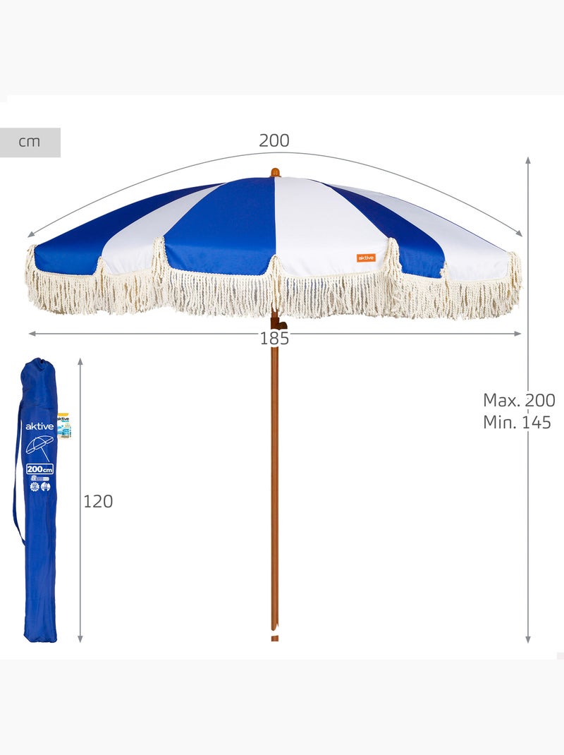 Aktive guarda-sol de praia, 8 varetas, 200 cm, design náutico com franjas Azul Branco - Kiabi