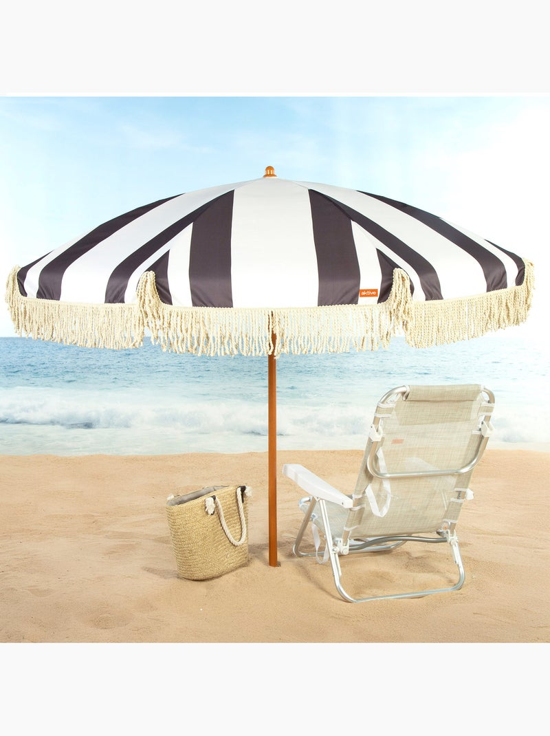 Aktive guarda-sol de praia, 8 varetas, 200 cm, estampa em preto e branco com franjas Branco - Kiabi
