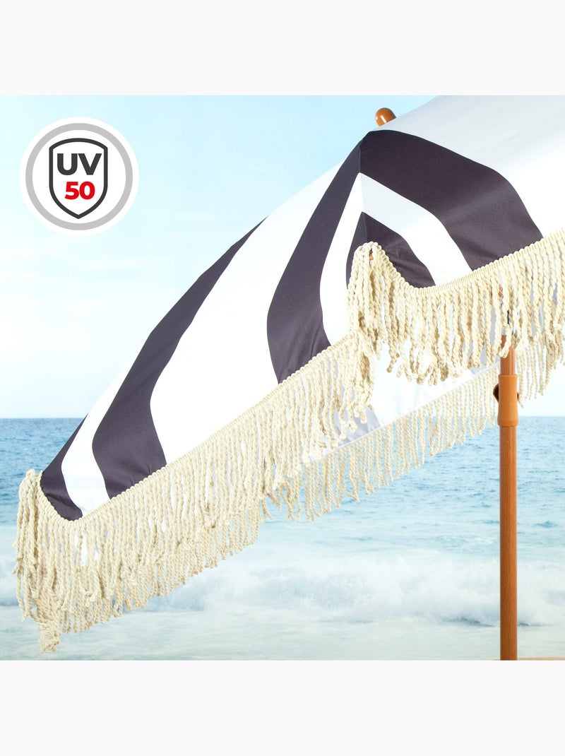 Aktive guarda-sol de praia, 8 varetas, 200 cm, estampa em preto e branco com franjas Branco - Kiabi