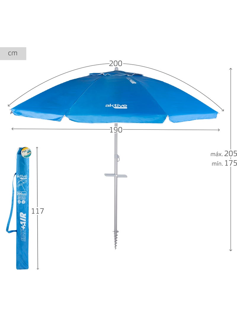 Aktive guarda-sol de praia à prova de vento 8 varas 200 cm azul com espiral de fixação Azul - Kiabi