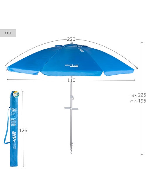 Aktive guarda-sol de praia à prova de vento 8 varas 220 cm azul com espiral de fixação - Kiabi