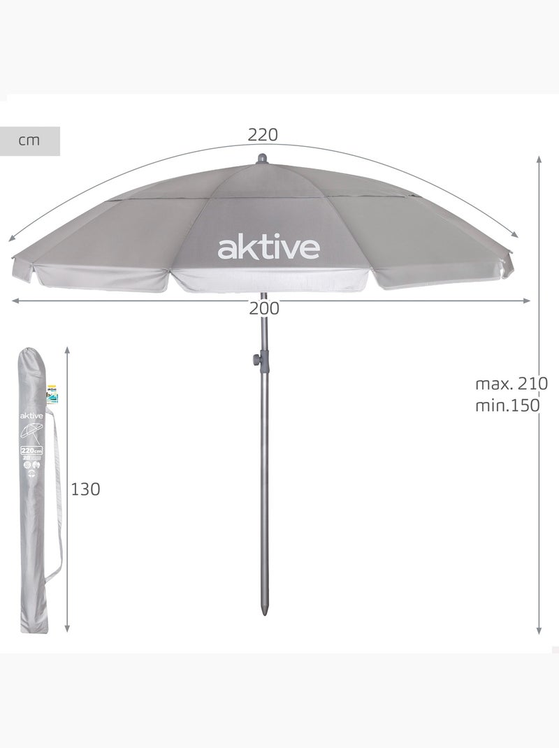 Aktive guarda-sol de praia com 10 varetas, 220 cm, cinza, inclinável, proteção uv50 Cinza - Kiabi