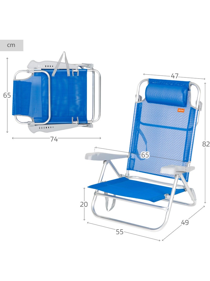 Aktive pack de 2 cadeiras de praia dobráveis e reclináveis 8 posições azuis c/almofada Azul - Kiabi