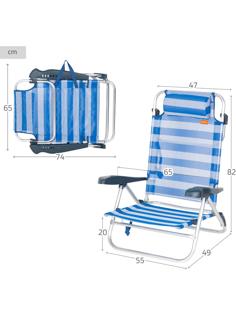 Aktive pacote de 2 cadeiras de praia dobráveis e reclináveis de 8 posições à beira-mar c/almofada Azul Branco - Kiabi
