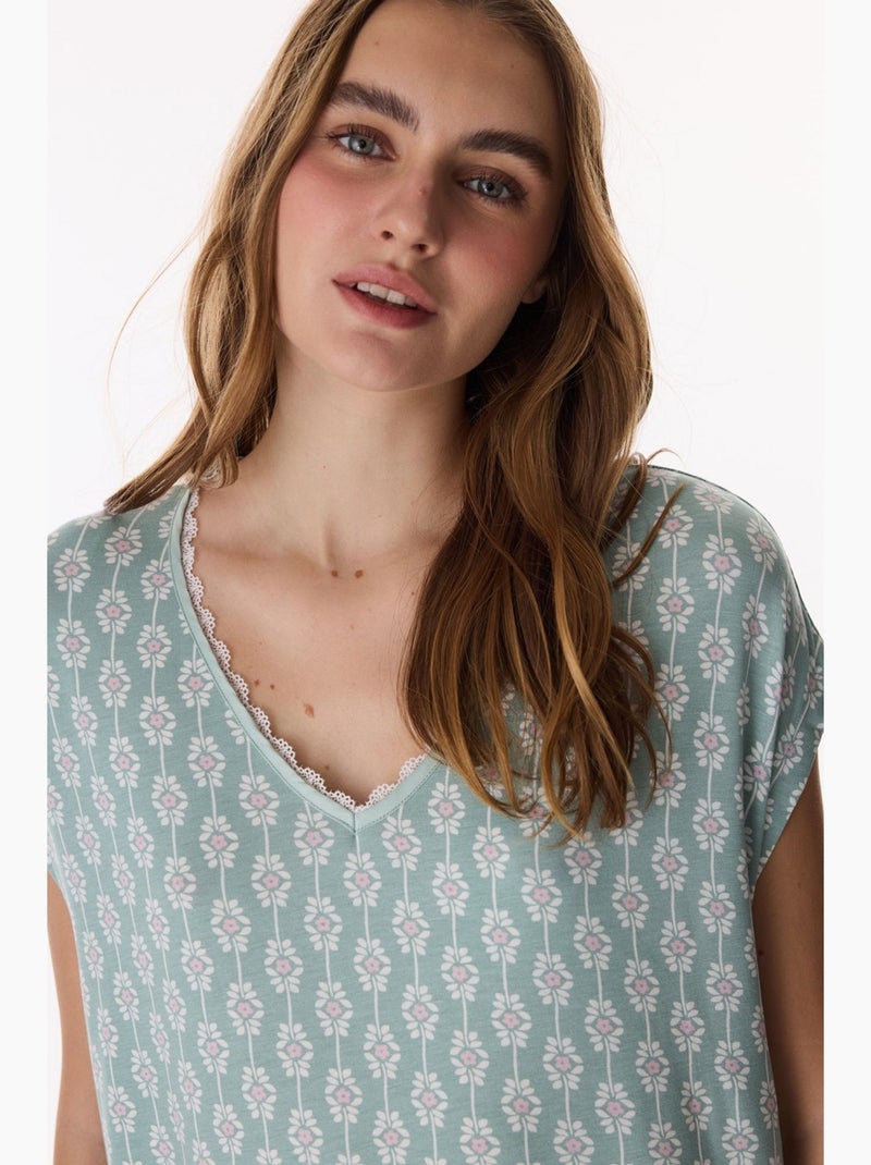 Alia camisa de dormir floral em renda de manga curta penti Verde menta - Kiabi