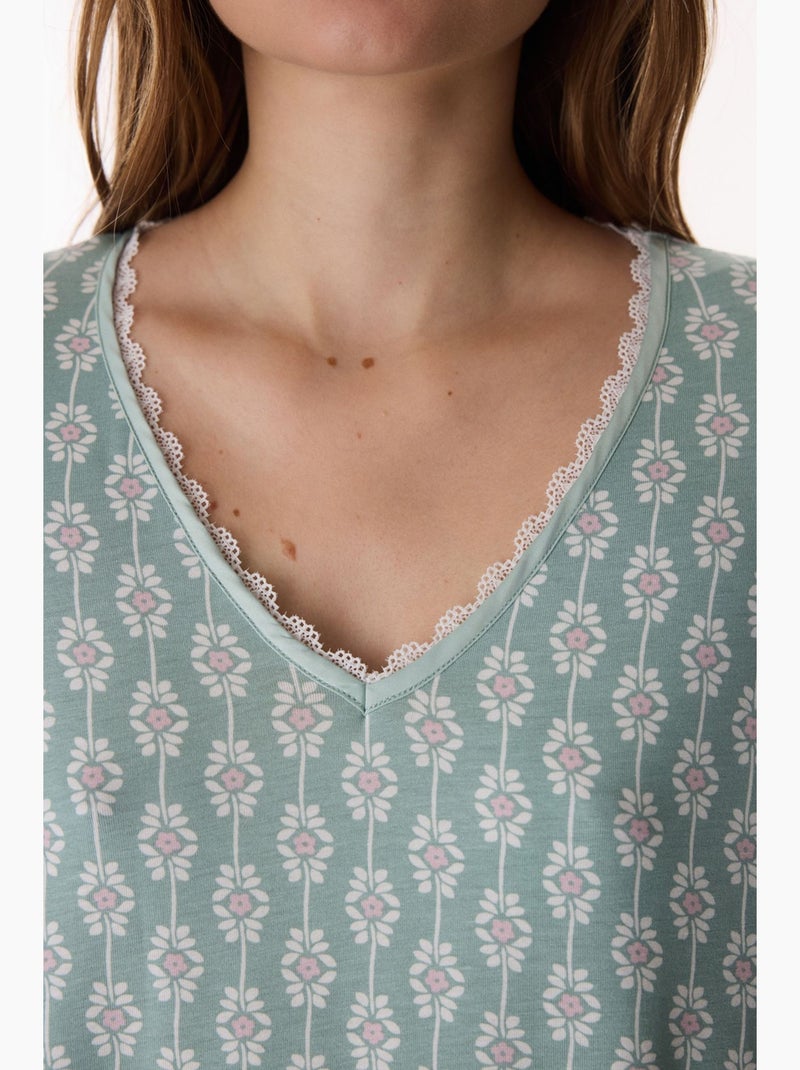 Alia camisa de dormir floral em renda de manga curta penti Verde menta - Kiabi