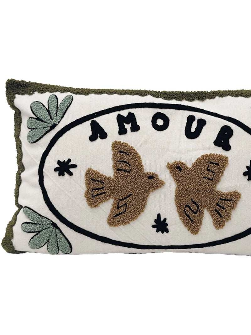 Almofada bordada com pássaros e motivo "amor" Castanho-escuro - Kiabi