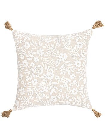 Almofada de policotão com estampado floral e pompons
