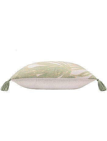 Almofada metálica em polycotton com folhagem tropical e borlas