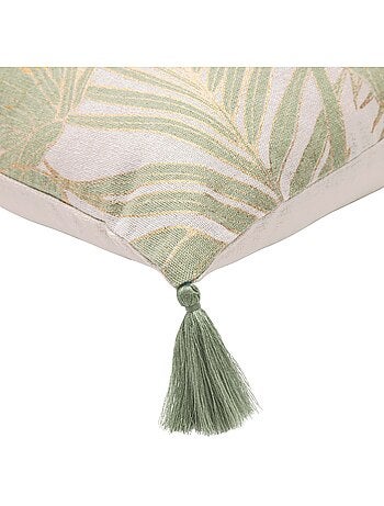 Almofada metálica em polycotton com folhagem tropical e borlas