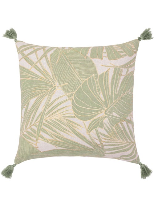 Almofada metálica em polycotton com folhagem tropical e borlas - Kiabi