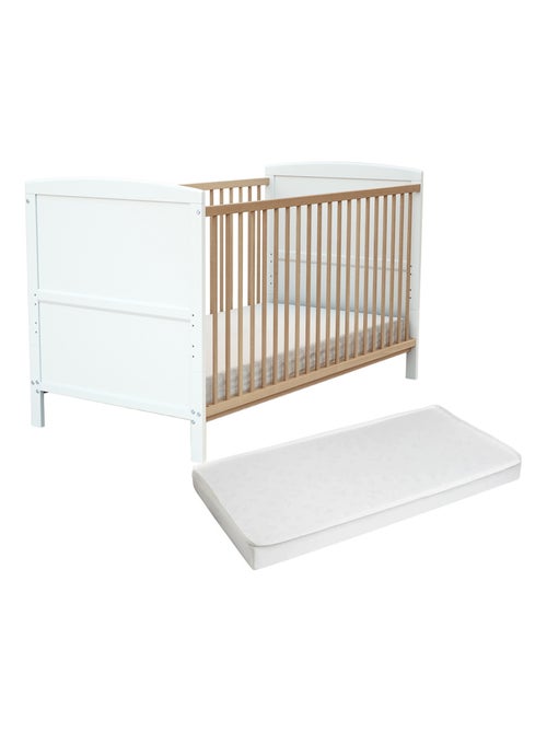 At4 - cama de bebê ajustável de madeira com colchão luna de madeira branco e faia envernizada - Kiabi