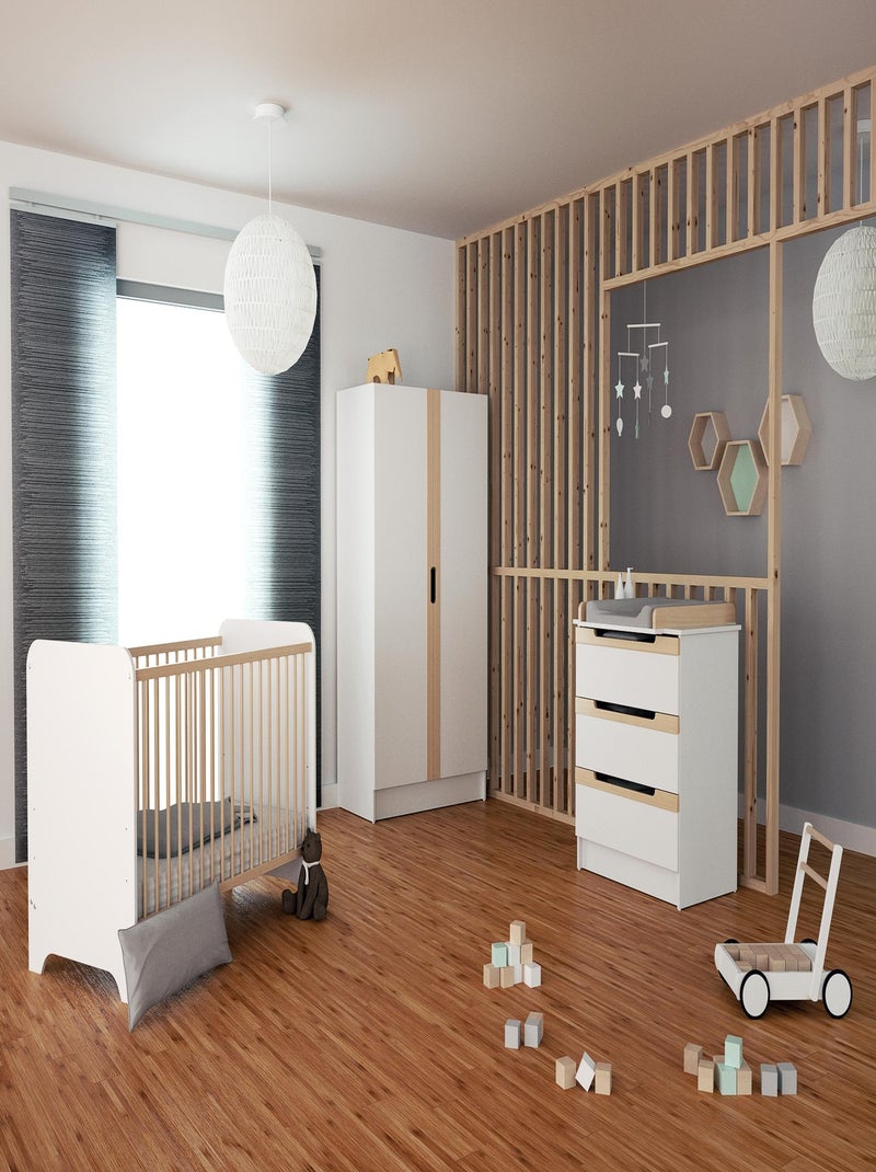 At4 - quarto de bebé com cama, fraldário e roupeiro carrousel de madeira branco e faia Bege/Branco - Kiabi