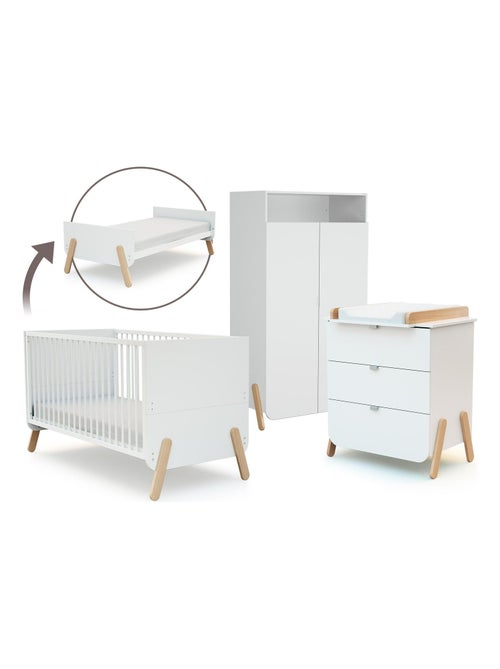 At4 - quarto de bebé com cama, fraldário e roupeiro pirate de madeira branco e faia - Kiabi
