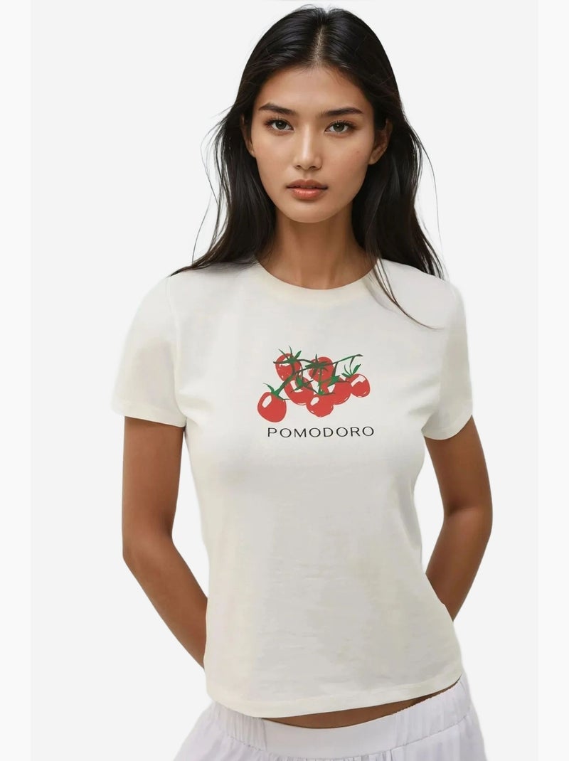 Baby tee estampada com decote redondo hiccup Creme - Kiabi