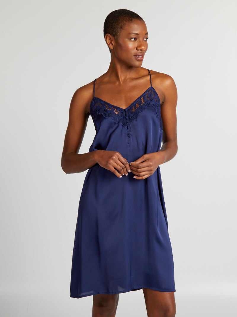 Babydoll com alças finas em cetim AZUL - Kiabi