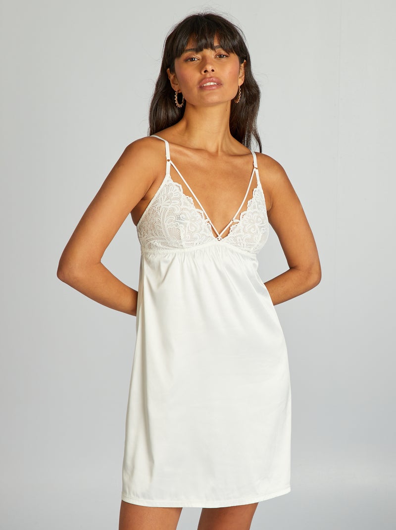 Babydoll de microfibra acetinado e com renda Branco - Kiabi