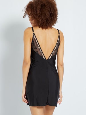 HOTSO - Ensemble Lingerie Sexy 3 Pièces - Babydoll Sans Bretelles, Résille, Dos Croisé - Dentelle Noire Ou Rouge