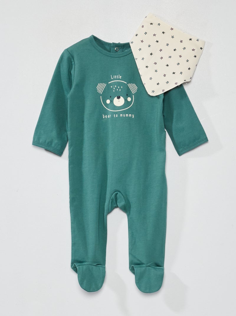 Babygrow de algodão + babete VERDE - Kiabi