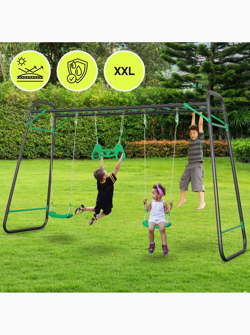 Balanço de jardim xxl em aço hypermotion com escada, 2 balanços e trapézio Cinza - Kiabi