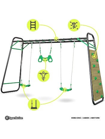 Baloiço de jardim xxxl hypermotion em aço com trapézio e parede de escalada