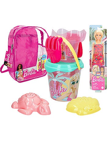 Barbie conjunto de balde de praia com boneca, acessórios e saco de transporte