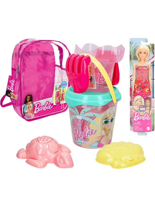 Barbie conjunto de balde de praia com boneca, acessórios e saco de transporte - Kiabi