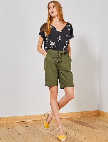 Bermudas com pinças efeito linho - Kiabi