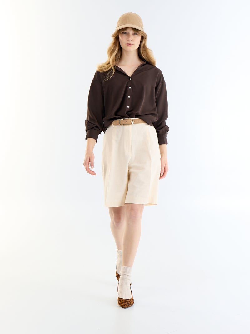 Bermudas largas em linho misto com pregas Bege - Kiabi