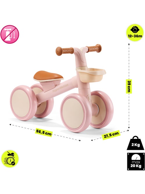 Bicicleta de equilíbrio infantil de 4 rodas tobi mini hypermotion com cesto – rosa - Kiabi