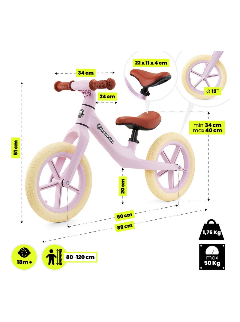 Bicicleta de equilíbrio infantil hypermotion marcelo com rodas pu, 12", a partir de 18 meses Rosa - Kiabi