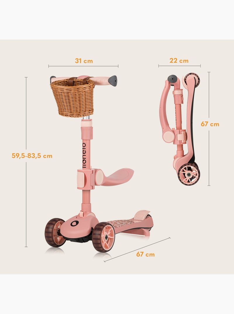 Bicicleta de equilíbrio, trotinete e capacete LIONELO Franky – Rodas iluminadas – Até 50 kg – Cesto Rosa - Kiabi