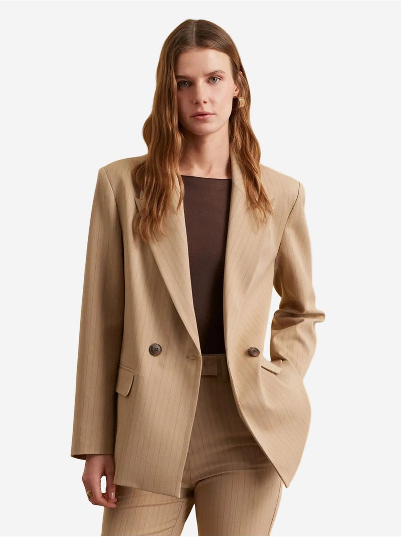 Blazer de crepe às riscas com gola xale dilvin Bege-argila - Kiabi