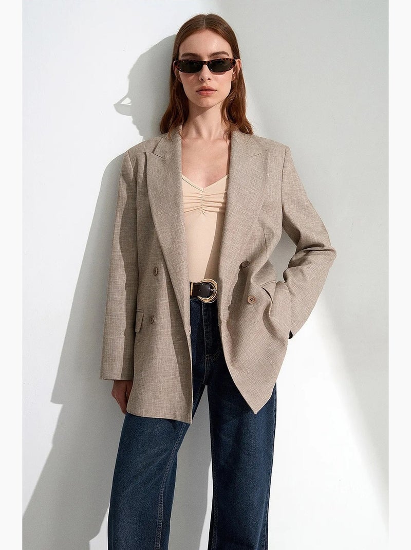 Blazer longo de crepe com gola xale dilvin Bege-argila - Kiabi