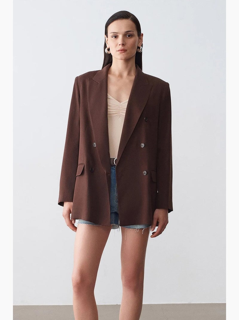 Blazer longo de tencel com gola xale dilvin Castanho-chocolate - Kiabi