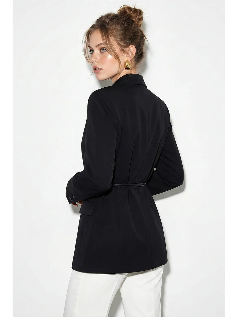 Blazer longo em crepe com gola xale lucci Preto - Kiabi
