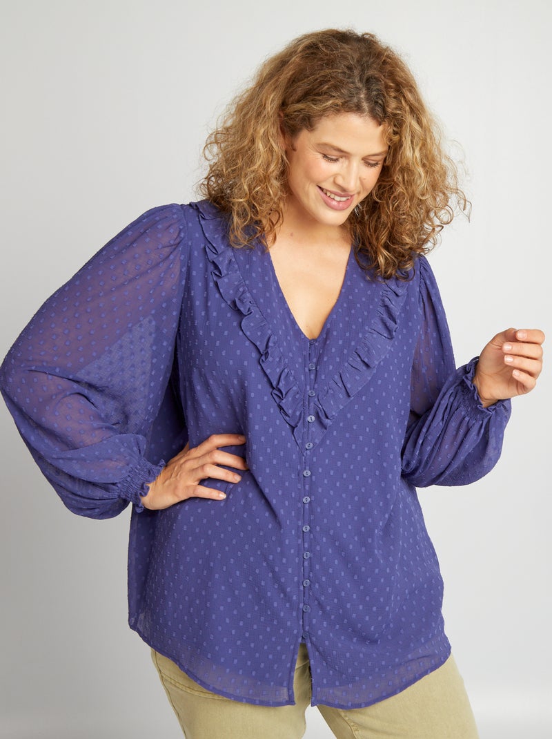 Blusa a ponto cheio e com folhos AZUL - Kiabi
