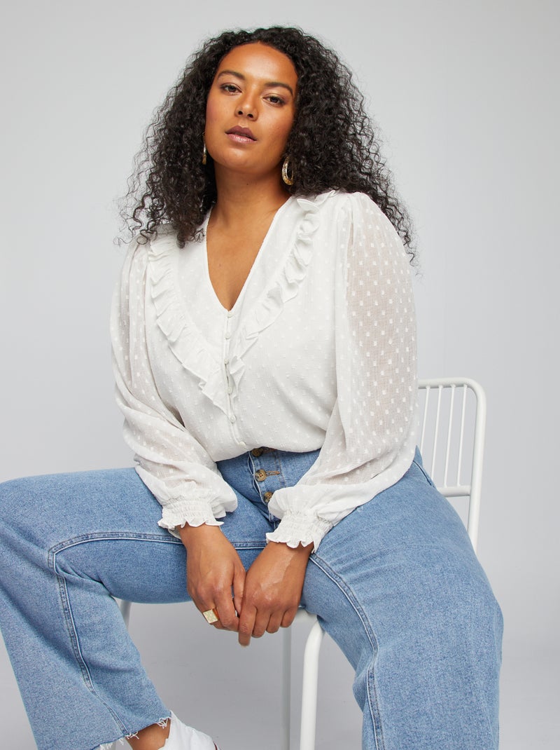 Blusa a ponto cheio e com folhos Branco - Kiabi