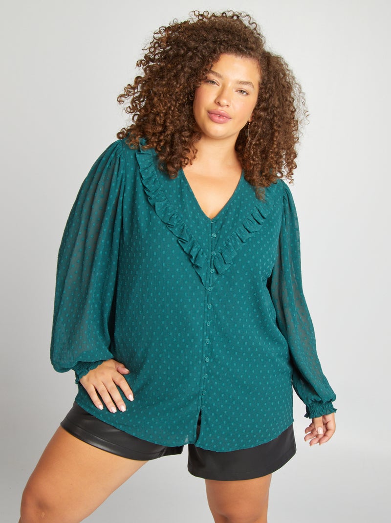 Blusa a ponto cheio e com folhos VERDE - Kiabi