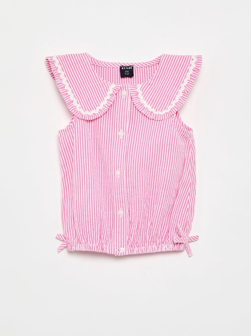 Blusa à riscas de popelina com gola Claudine - Kiabi